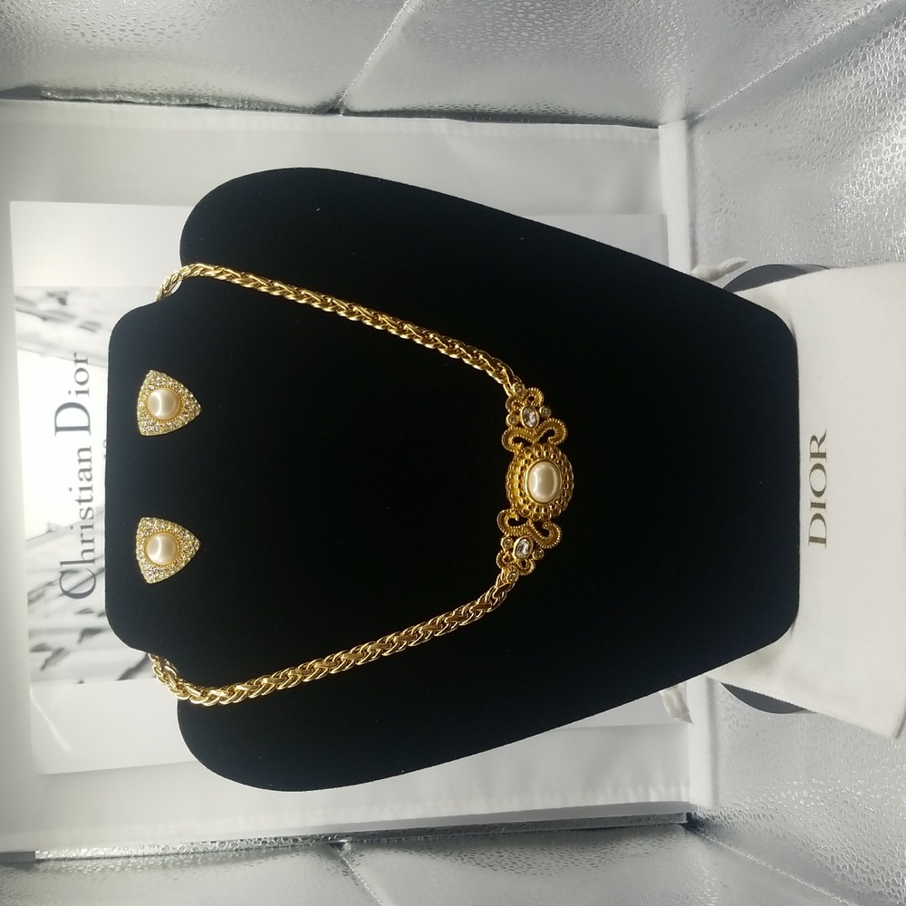 💜 Christian Dior Big Ornate Deco GOLD GLASS PEARL CRYSTAL Set W/ DIor Dust Bag.